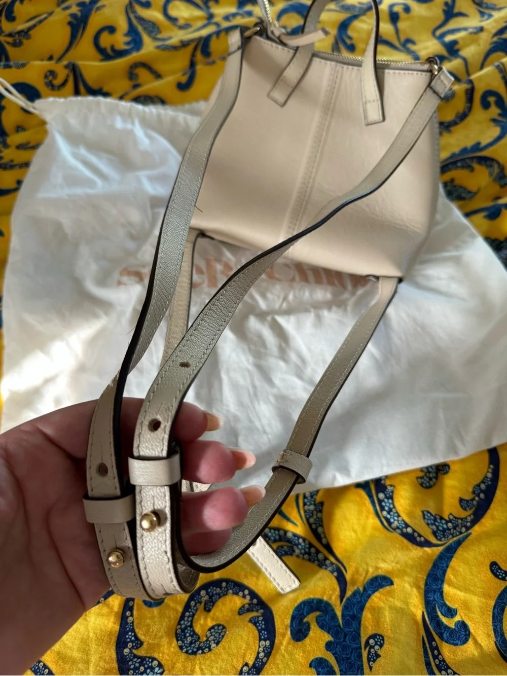 Chloe designer Cream Leather Crossbody Bag with Gold Ring Detail